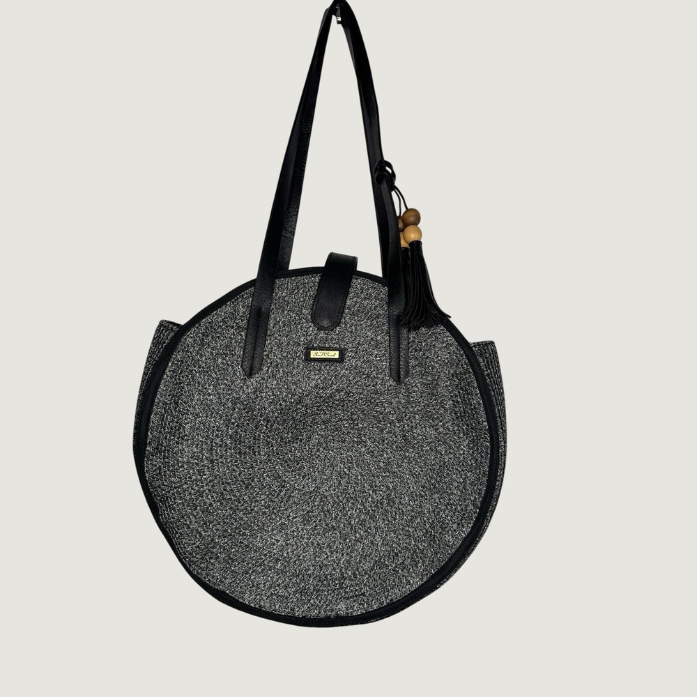 Sun 'N Sand Accessories Large Black Gray Round Straw Shoulder Beach Tote Bag